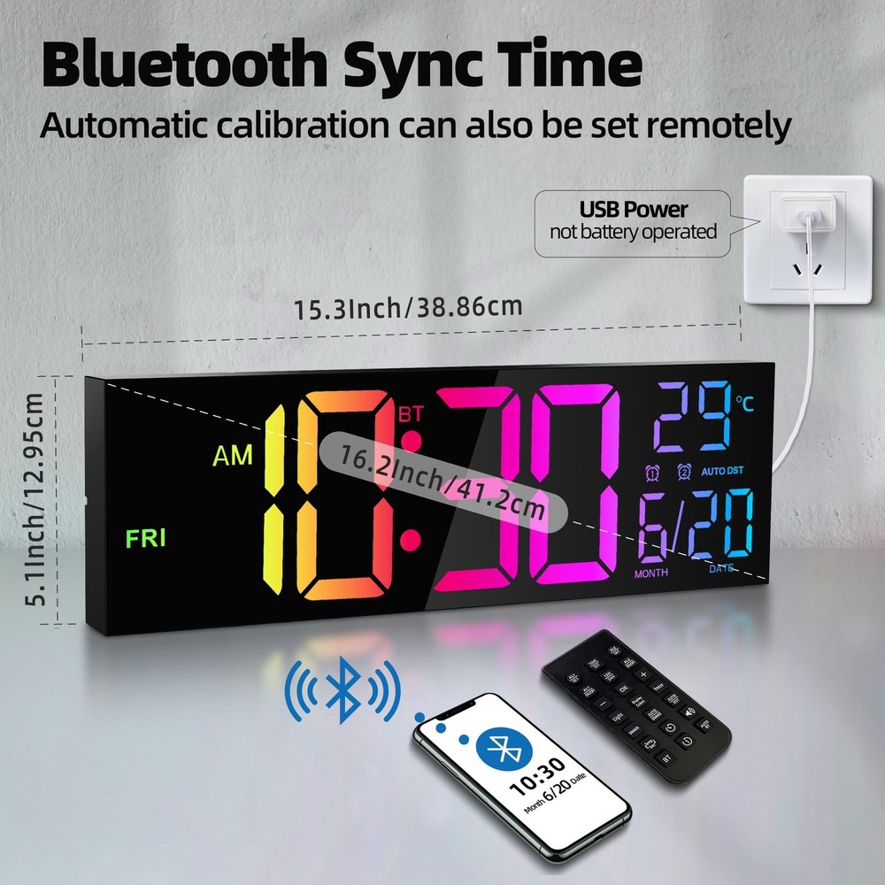 Maxstar 16.2'' Large Digital Wall Clock with Bluetooth Auto Sync, Remote Cont...