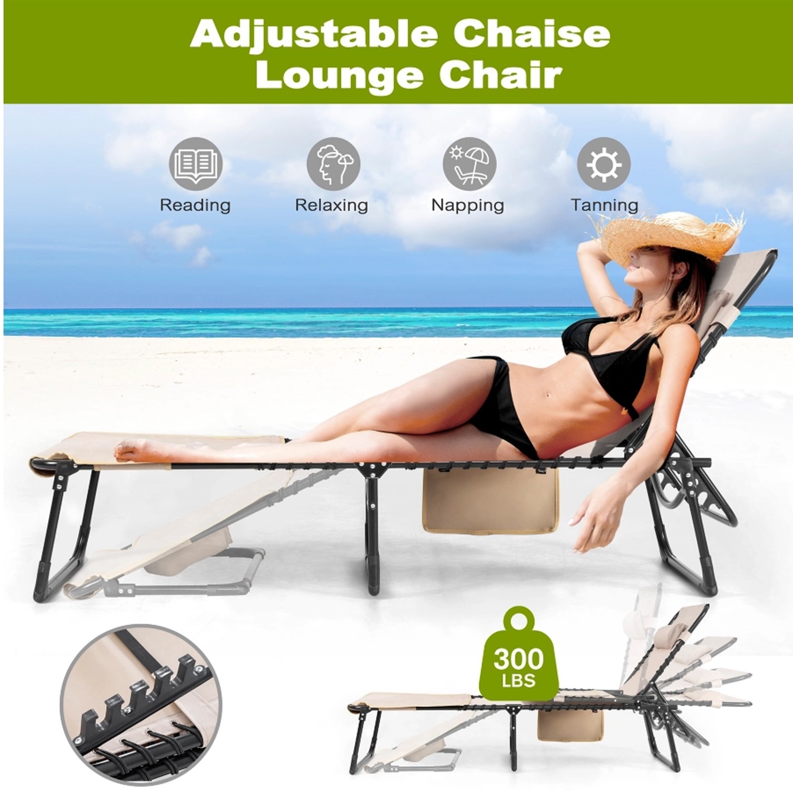 Nuu Garden Foldable Outdoor Chaise Lounge Chair Adjustable Patio Recliner Beige