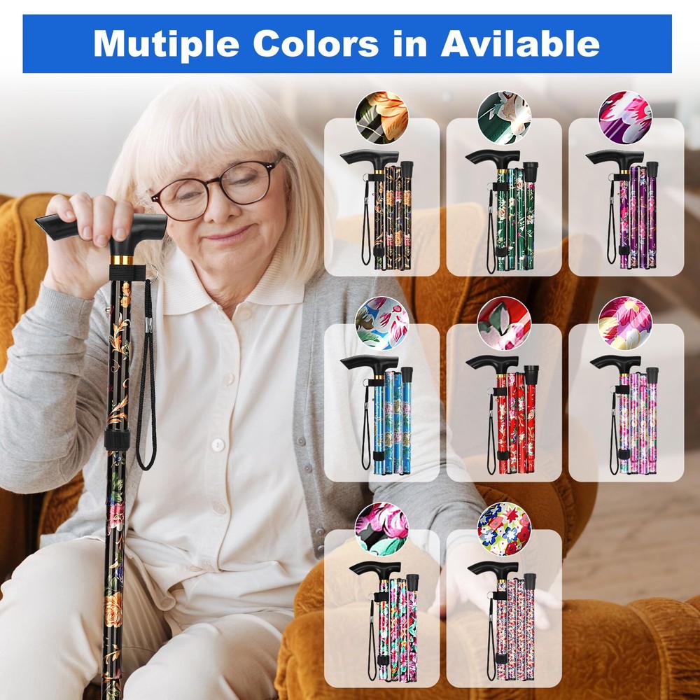 Folding Cane, 5-Level Adjustable Height Walking Stick Lightweight Wrist Straps