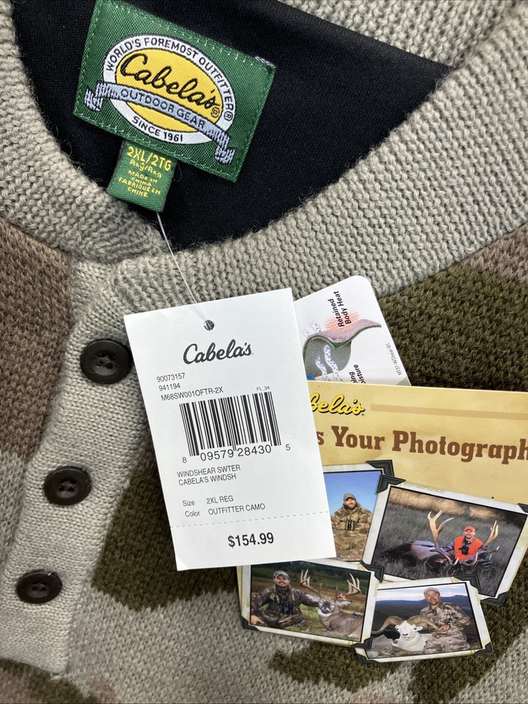 Cabela’s Men’s Windshear Sweater 2XL Camo NWT 100%Wool Outer Layer