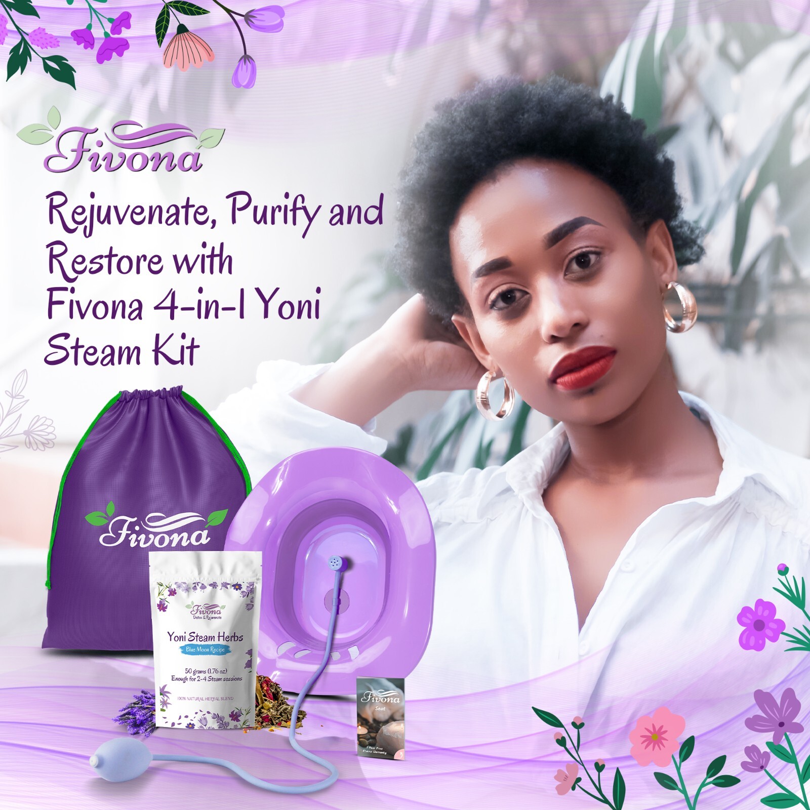 Fivona Yoni Steam Kit 4-in-1 Seat with Hand Pump, Bag and Blue Moon Recipe Herbs