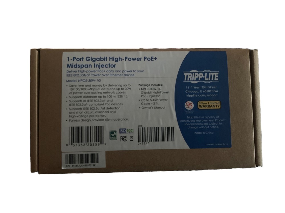 Tripp Lite Gigabit PoE+ Midspan Active Injector —NIB