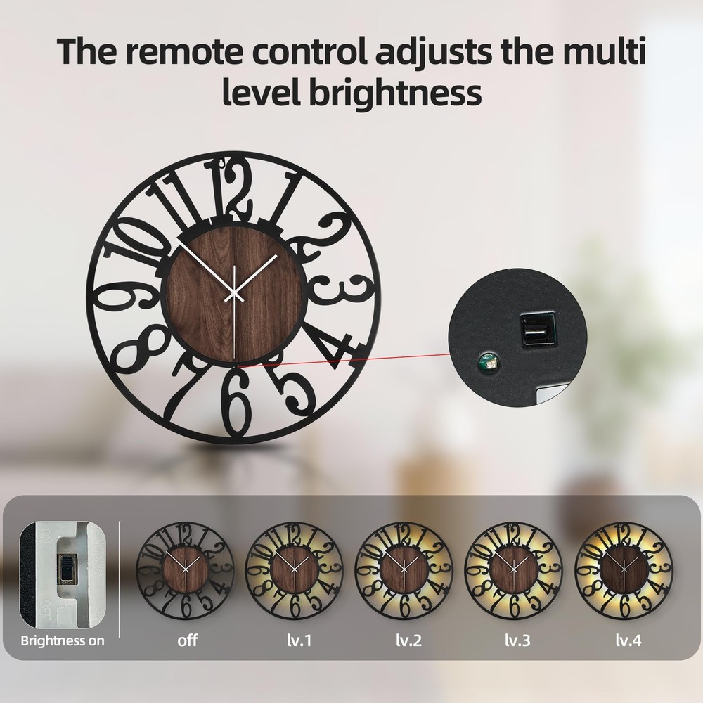 Large Wall Clock 24'' Lighted Rustic Wood Clock with Remote Timer, Silent Bat...