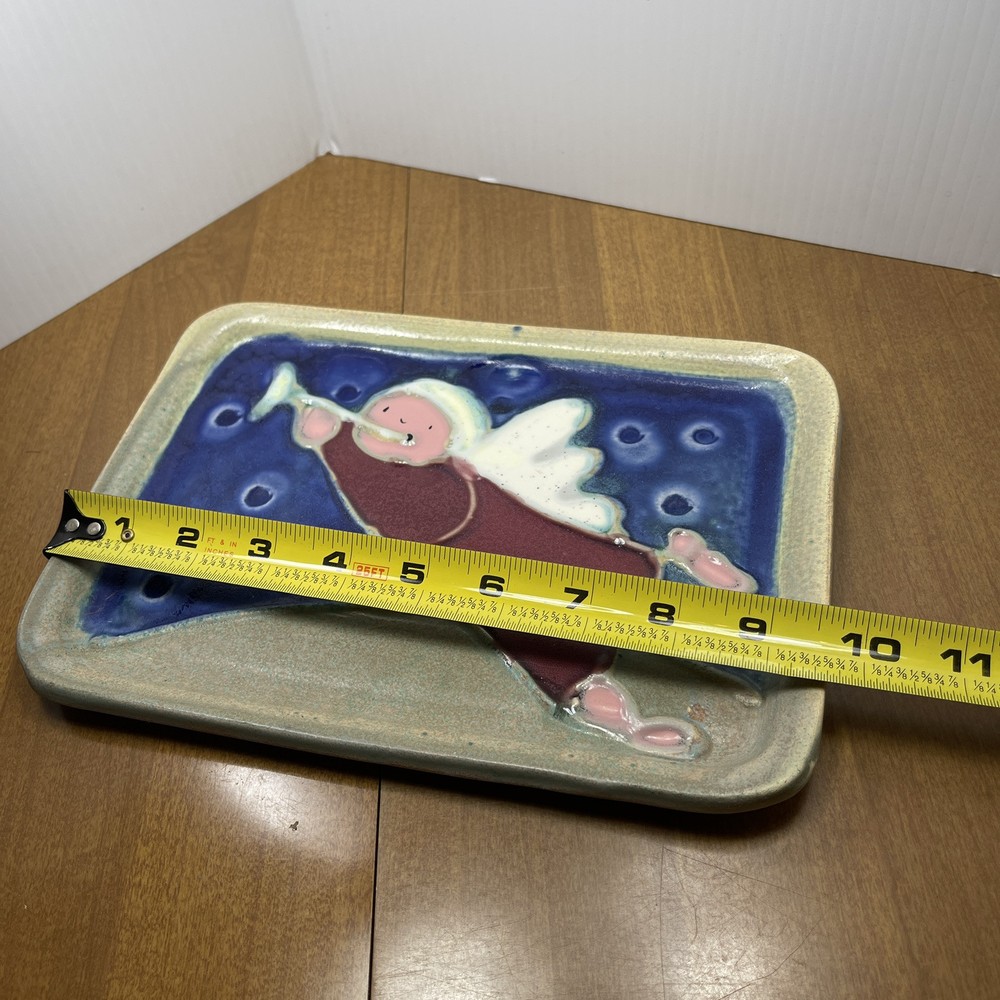 Art Pottery Trinket Dish Tray Angel Playing Horn 3D Table Serving Decor Signed