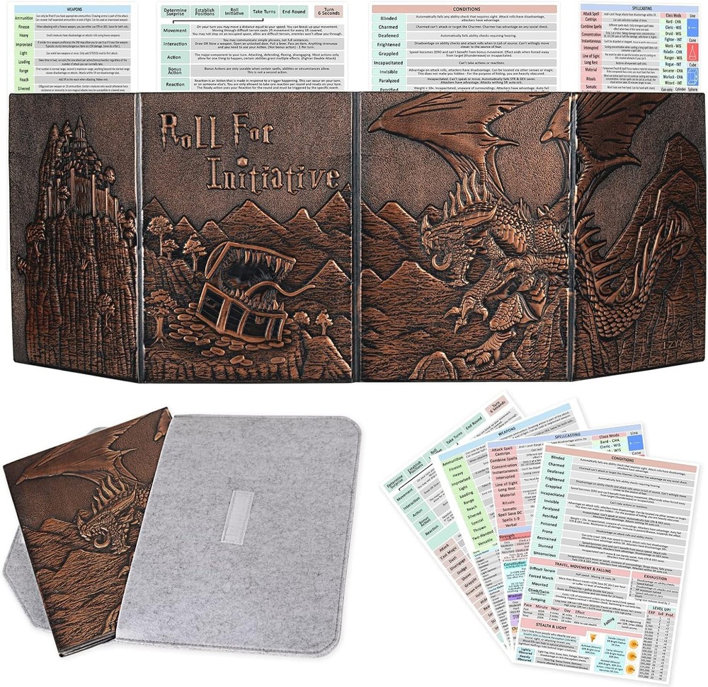Faux Leather Dungeon Master Screen Embossed Dragon Mimic Four-Panel with Pockets