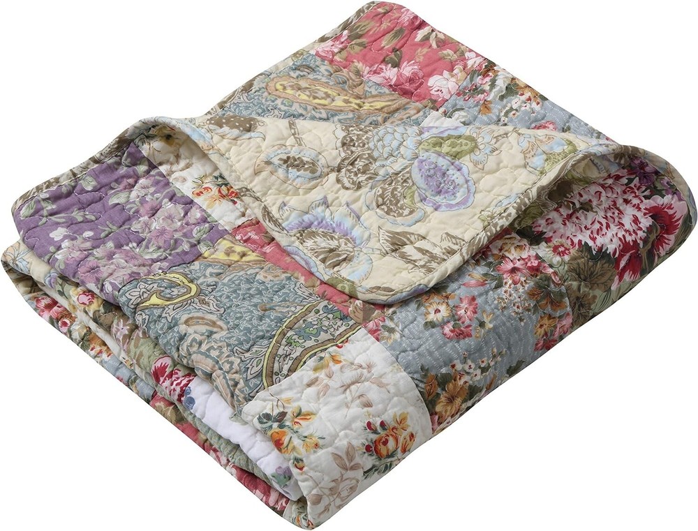 Full Size Cotton Floral Throw Blanket - Quilted Patchwork Design for Home Decor