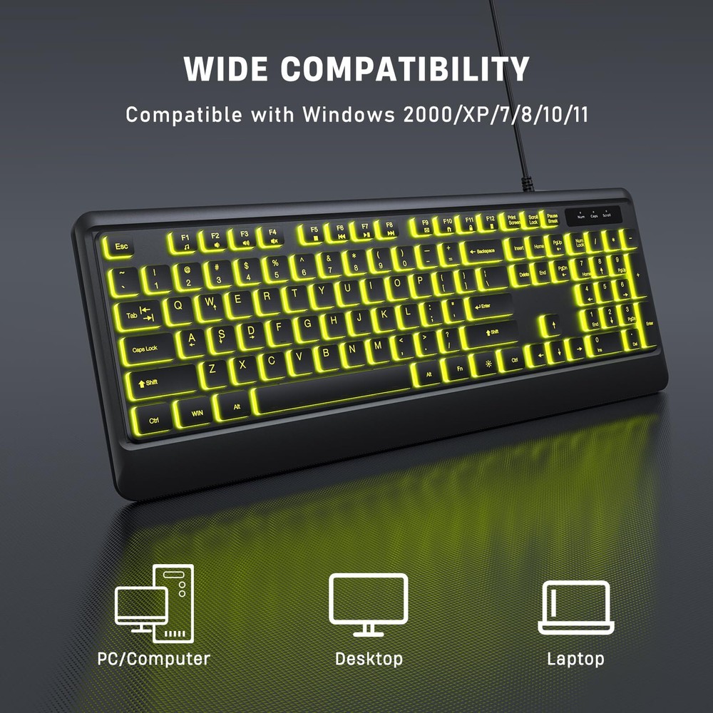 Backlit Computer Keyboard Wired USB LED 7 Colors Waterproof Full Size Gaming