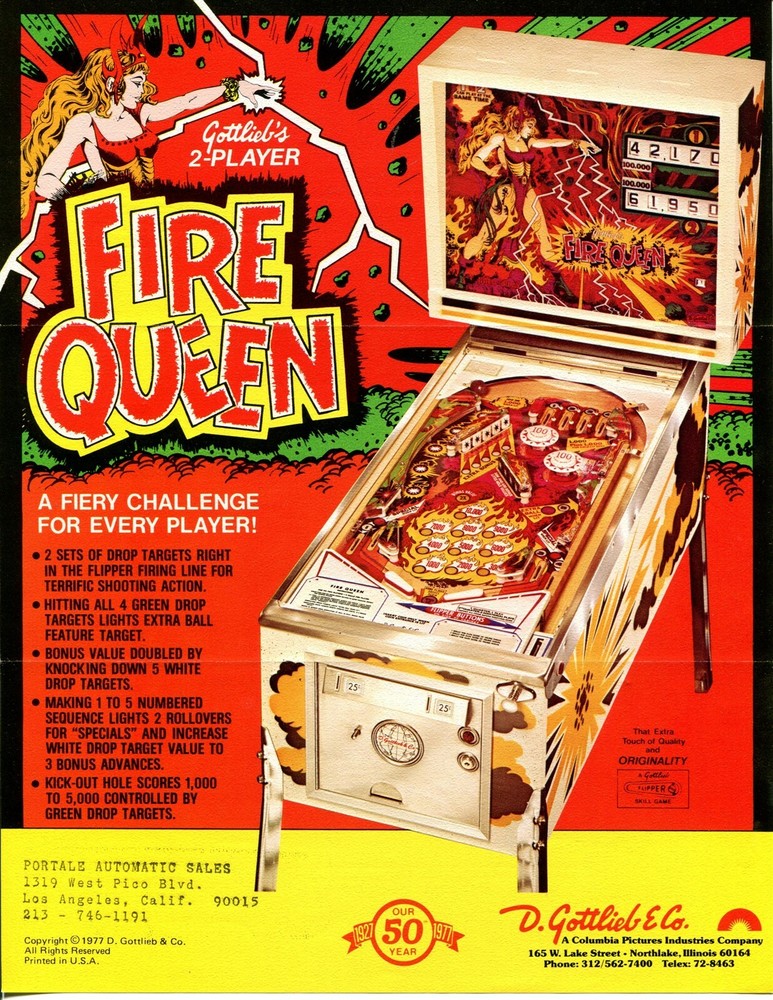 Fire Queen Gottlieb Pinball Flyer / Brochure / Ad
