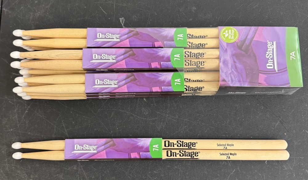 On-Stage Hickory 7A Nylon Tip Drumsticks – 1 PAIR – Selected Hickory – New