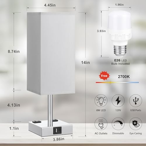 【Upgraded】Bedside Table Lamp Touch Control, with USB C+A 14.0in Gray & Silver