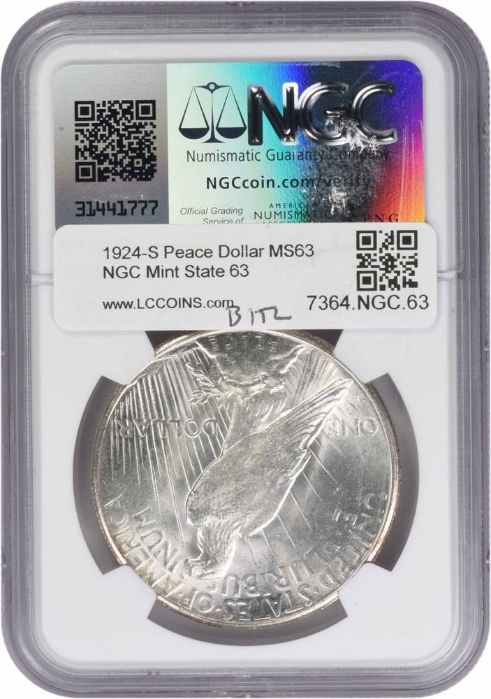 1924-S Peace Silver Dollar MS63 NGC