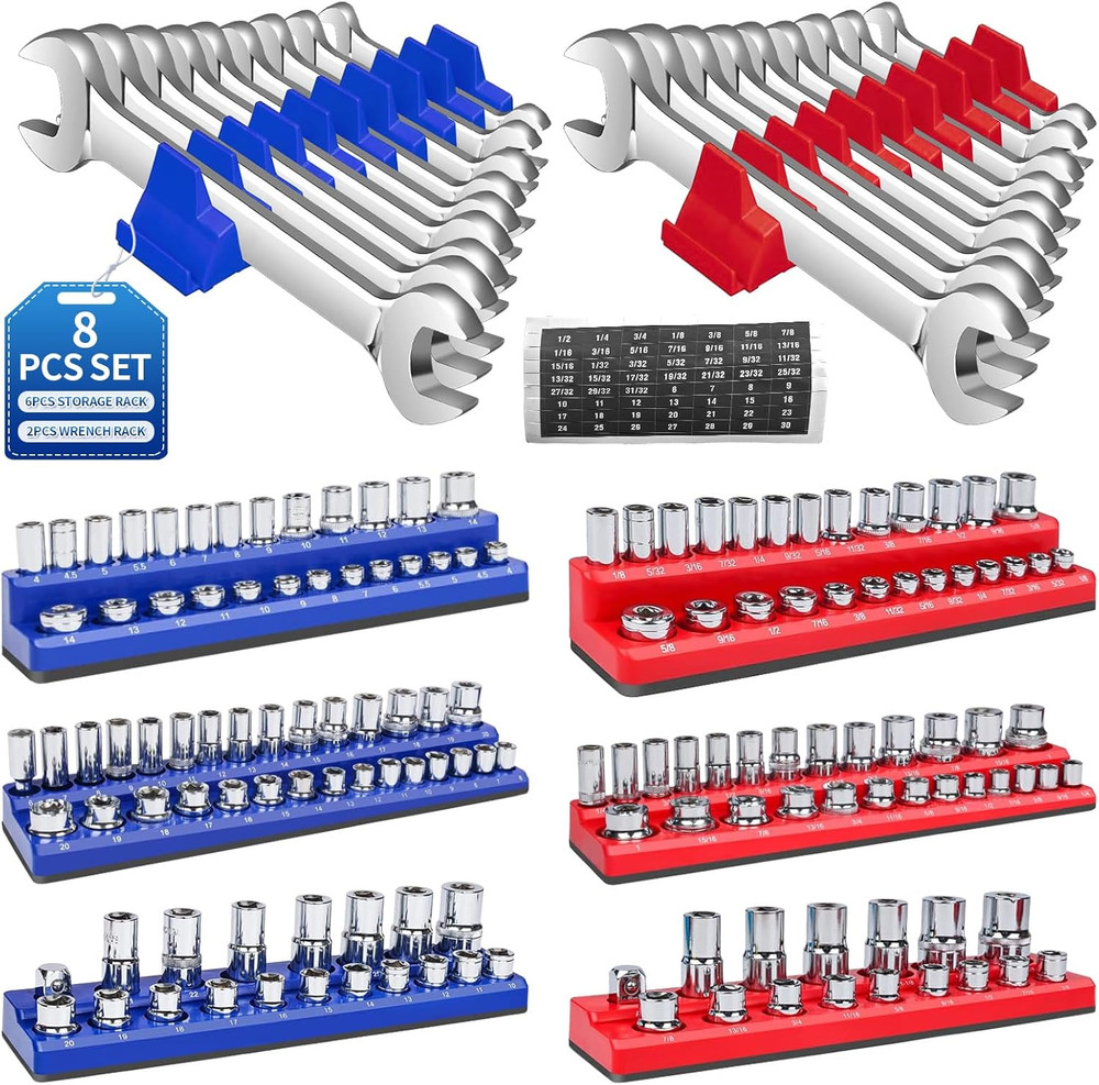 Magnetic Socket Organizer Set, 8PCS Socket Holder with 6 Socket Trays & 2 Wrench