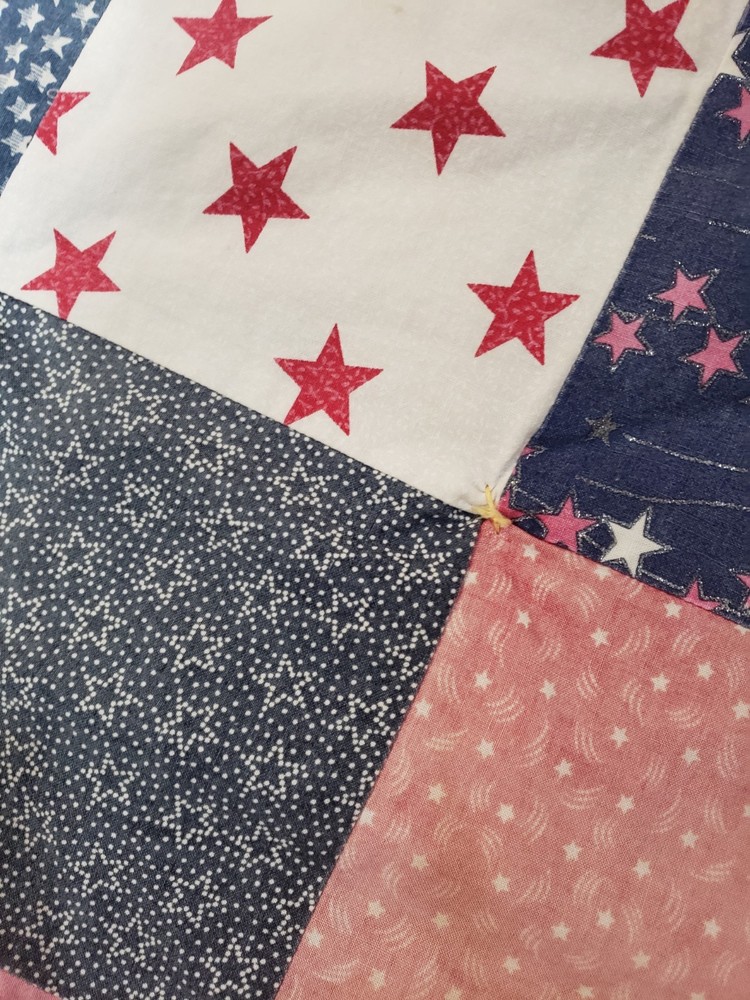 VTG Patchwork Quilt Table Topper Nine Patch Red White Blue Americana Handmade