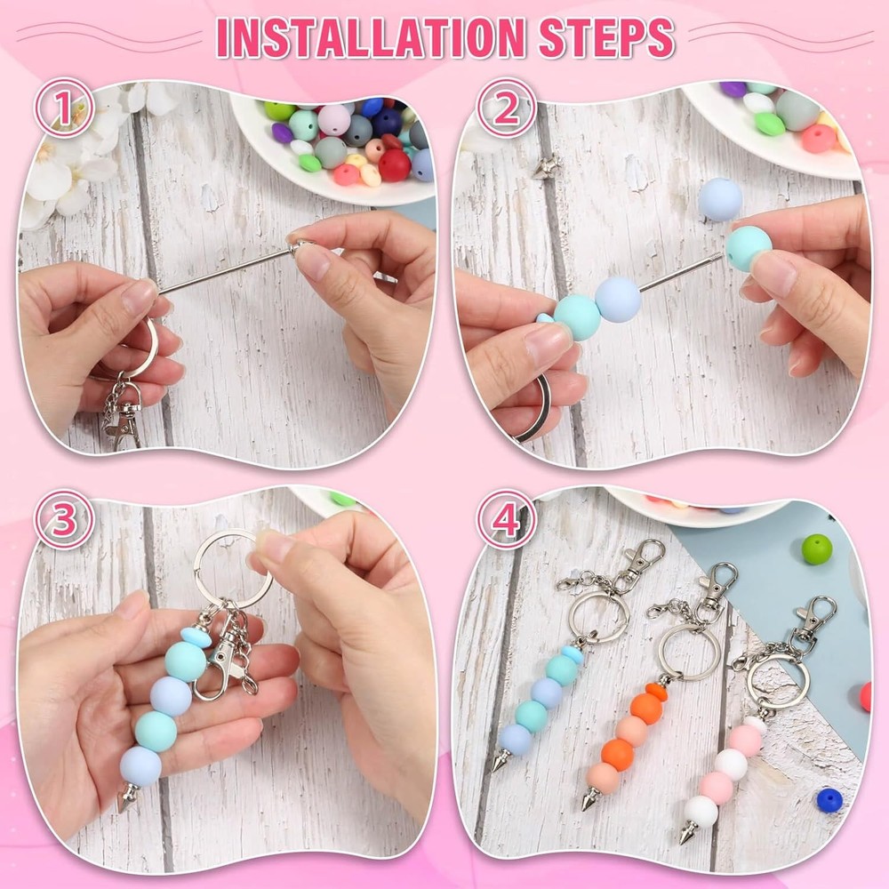 136 Pcs Beadable Keychain Making Kit, Silicone small or miniature, silver