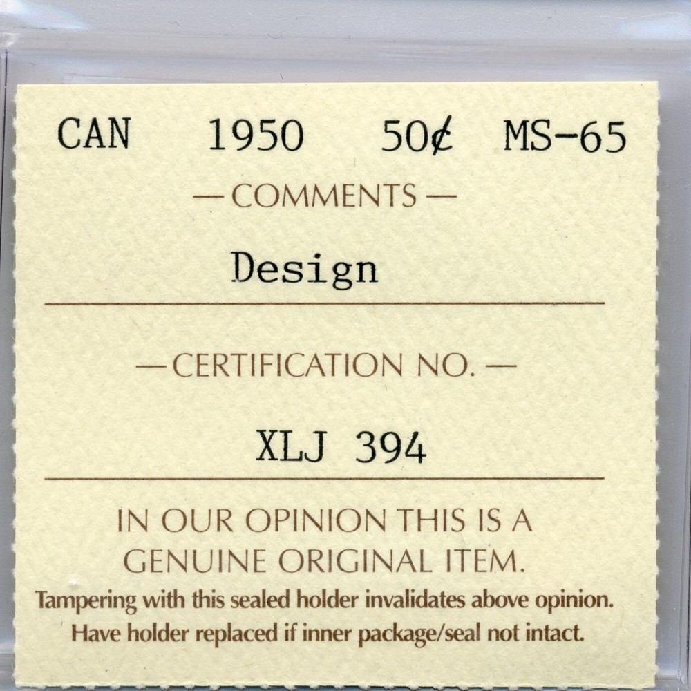 1950 Canada 50 Cent, Design - Gem Uncirculated, ICCS MS 65