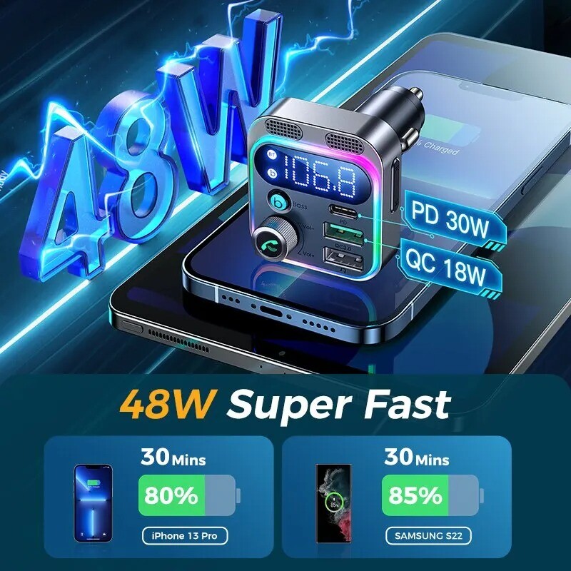 JOYROOM Bluetooth 5.3 FM Transmitter Car Adapter, [Stronger Dual Mics & Hifi Dee