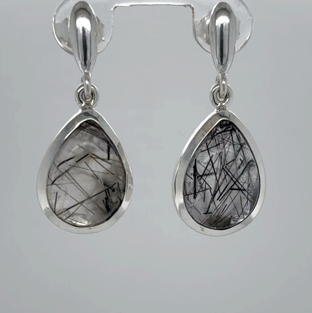 925 Sterling Silver - Teardrop Rutilated Quartz Drop Pear Post Earrings Gemstone