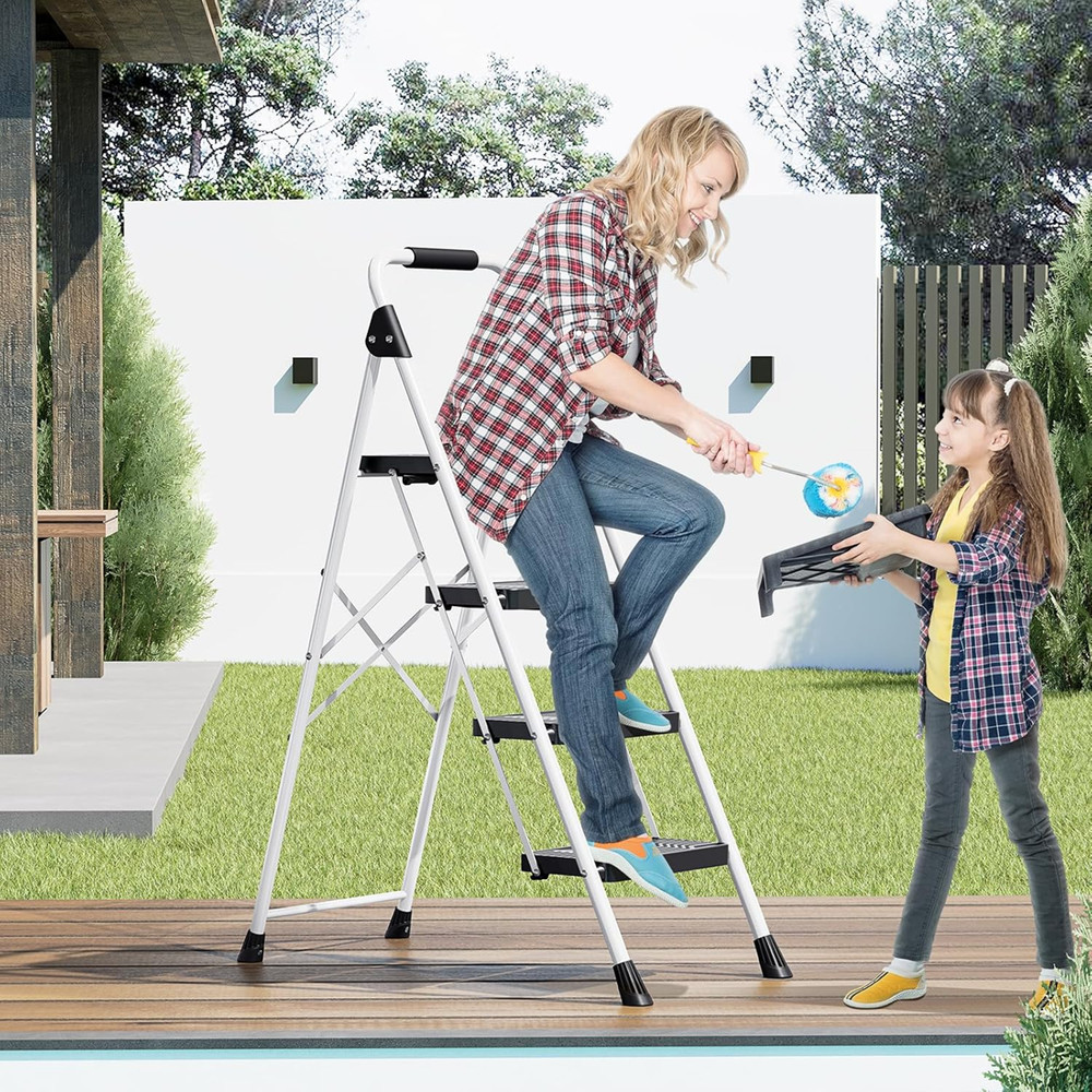 KINGRACK 4 Step Folding Ladder,800lbs Capacity Step Stool with Safety Lock,White
