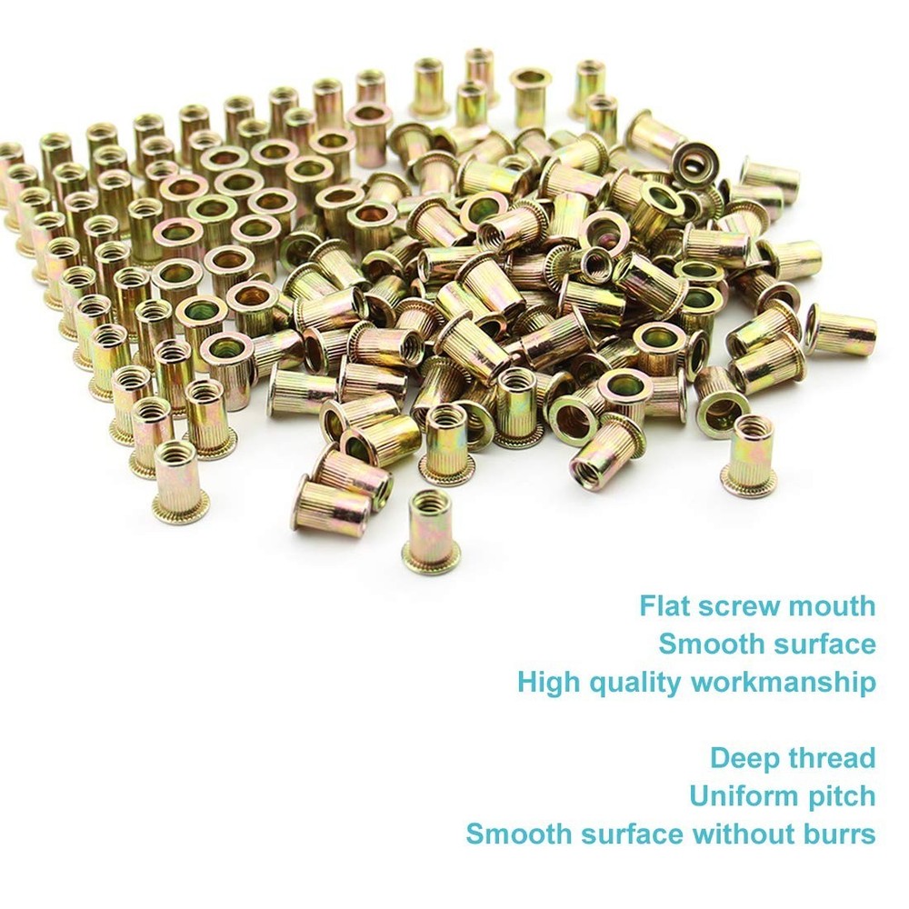 Versatile 1/4"-20 UNC Rivet Nuts 100Pack - Flat Head Knurled Design for Easy Use