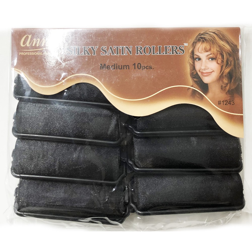 ANNIE SILKY SATIN FOAM ROLLERS #1243, 10 COUNT BLACK MEDIUM 7/8"