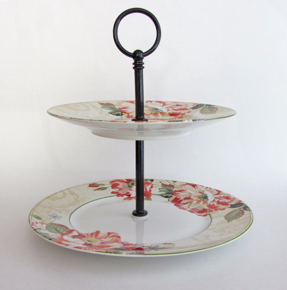 222 FIFTH RAWLINGS 2 Tier Round Fruit Appetizer Tray Server FLORAL & SCRIPT NEW