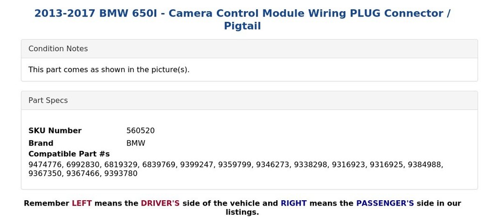 2013-2017 BMW 650I - Camera Control Module Wiring PLUG Connector / Pigtail