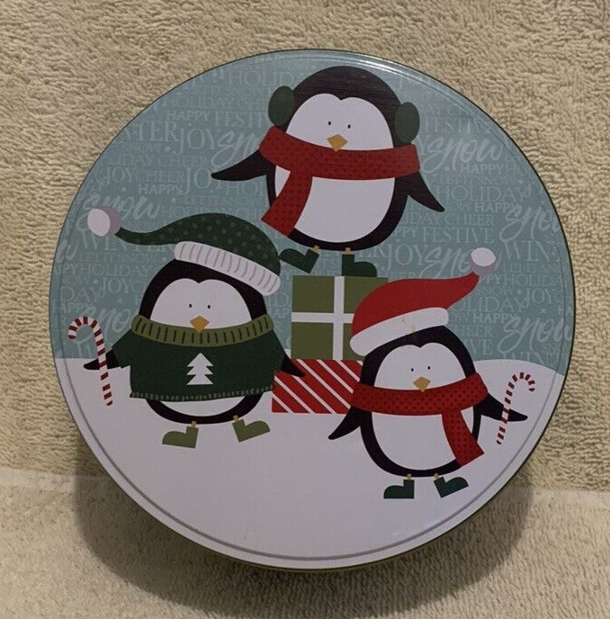 Christmas Penguins & Trees Round Tin Box 3x6 - EUC