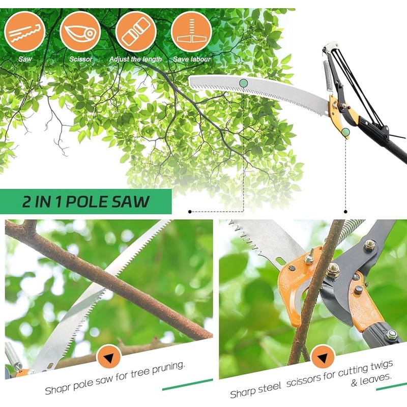 Extendable Tree Trimming Pole Saw W/ Sharp Blade & Manual Scissor Cutter New