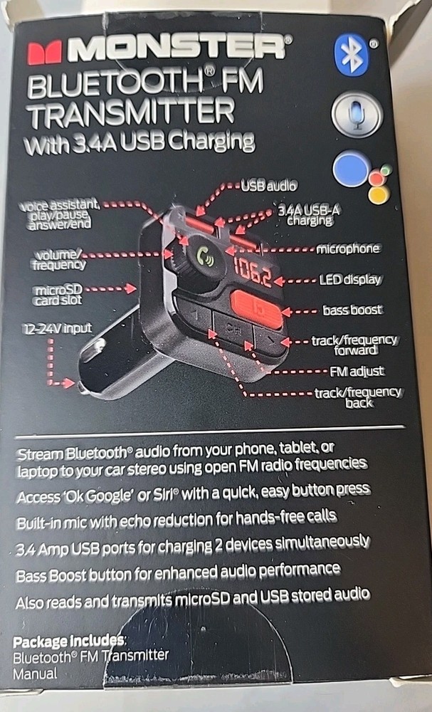 Monster Bluetooth FM Transmitter with 3.4 Amp USB Charging Ports Voice Assistant