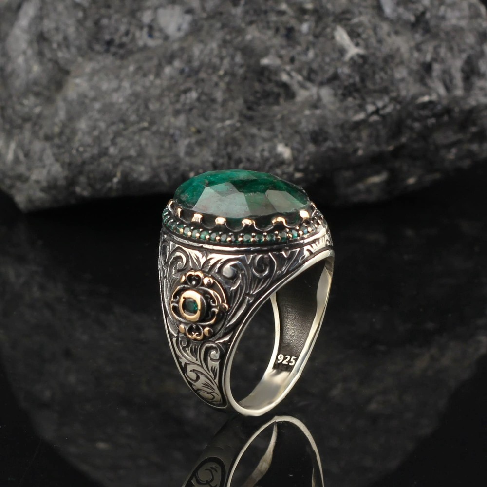 Emerald Stone Men Silver Ring, 925 Sterling Silver Emerald Gemstone Ring,