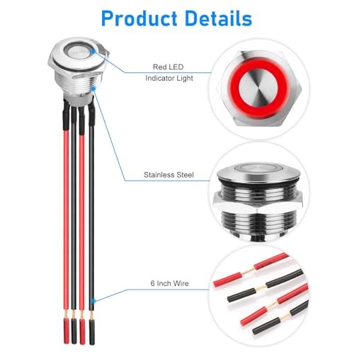 19mm Latching Push Button Switch, 12V Metal Self Locking SPST ON 19mm Wire Red