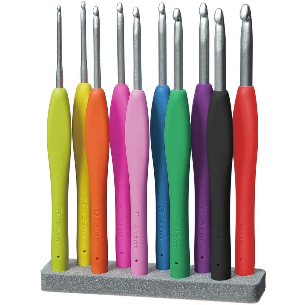 Crochet Hook Set 9Pc Soft Grip Ergonomic Aluminium Hooks 2mm-6mm Colour Coded