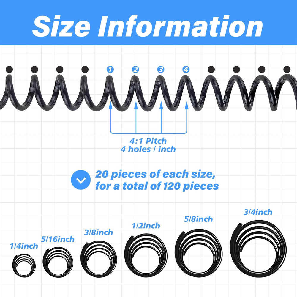 120 Packs Spiral Binding Coils Plastic Binder Binding Spirals Rings Multi Size S