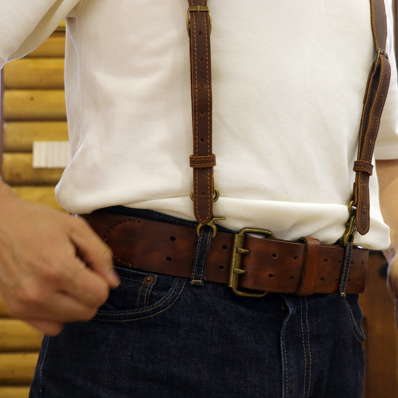 TOURBON Leather Suspenders Y Back Adjustable Y-Shape Pants Brace