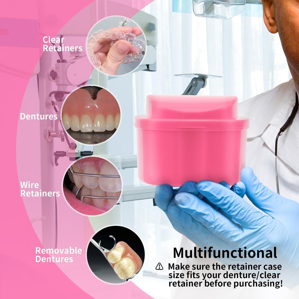 Annhua Denture Retainer Container Case Cleaning,Denture Bath Box False Pink