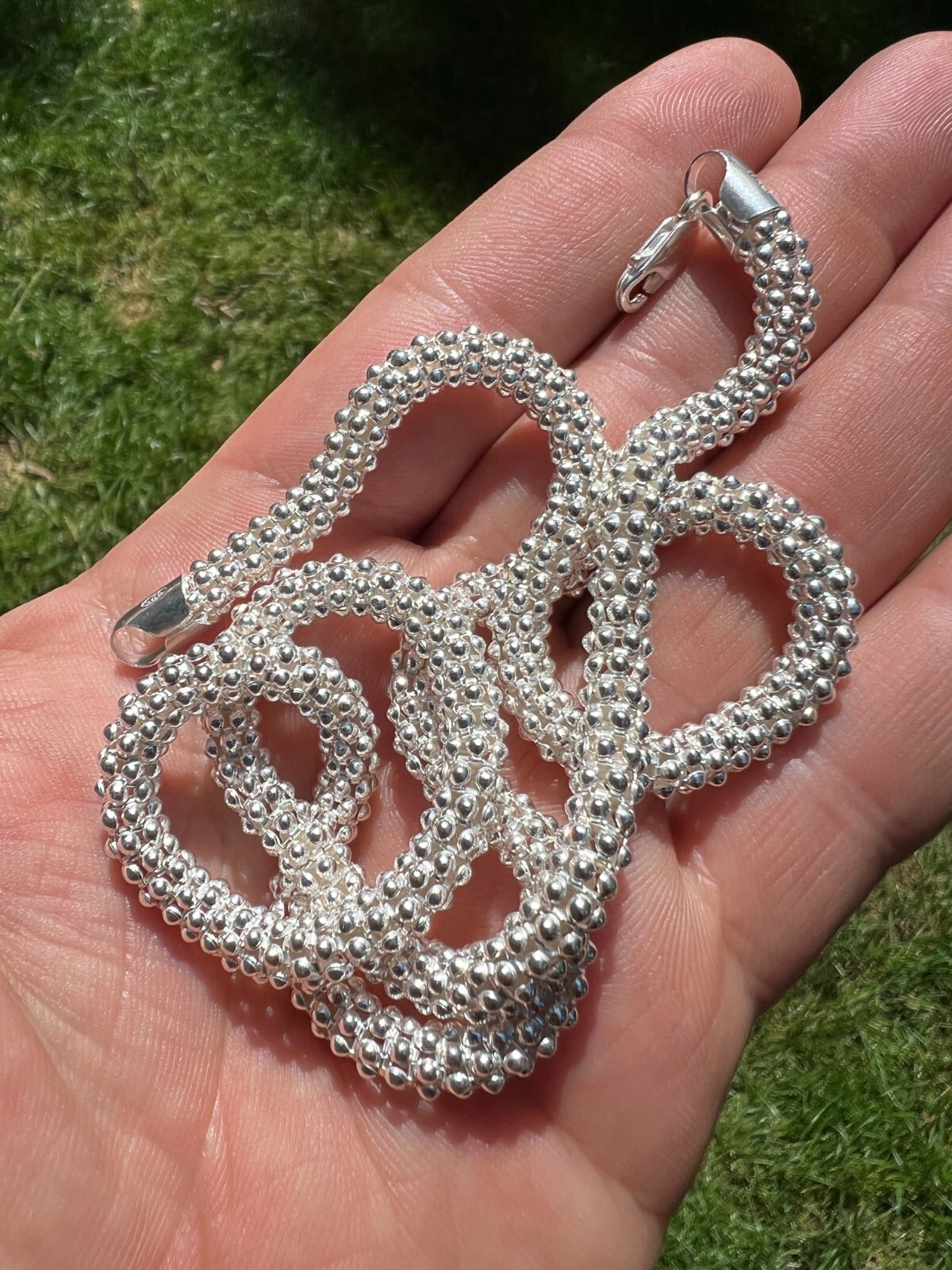 Real Solid 925 Sterling Silver Diamond Cut Popcorn Mesh Chain Necklace Coreana