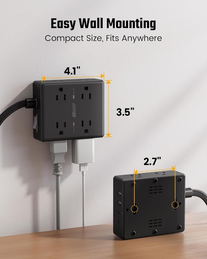 10Ft Extension Cord with Multiple Outlets, Flat Plug Surge Protector Power Strip