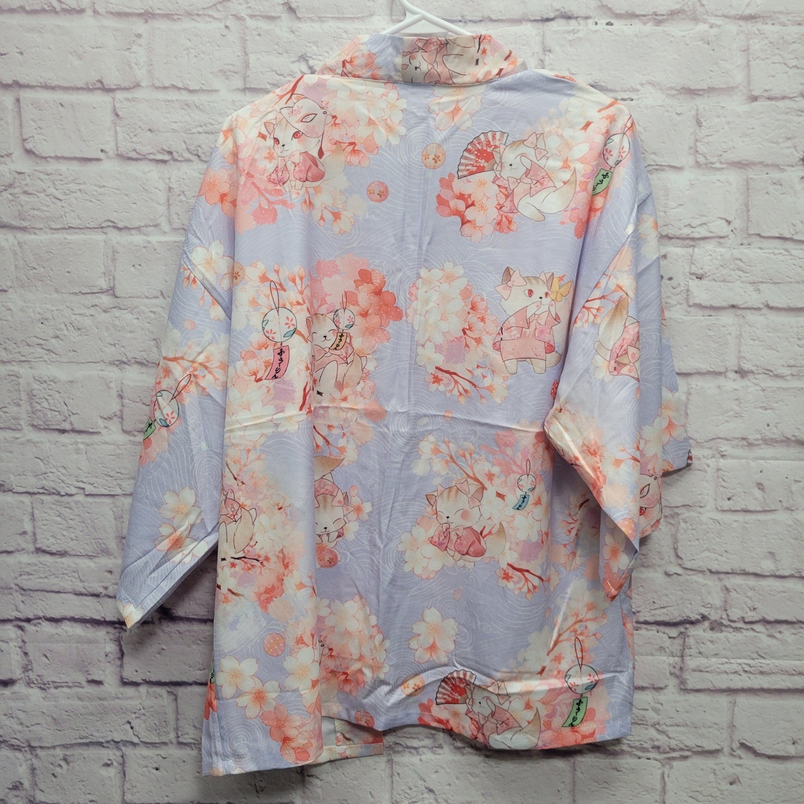 Japanese Kimono Blouse Womens XL+ Pastel Cat with Fan Floral Asian Lightweight