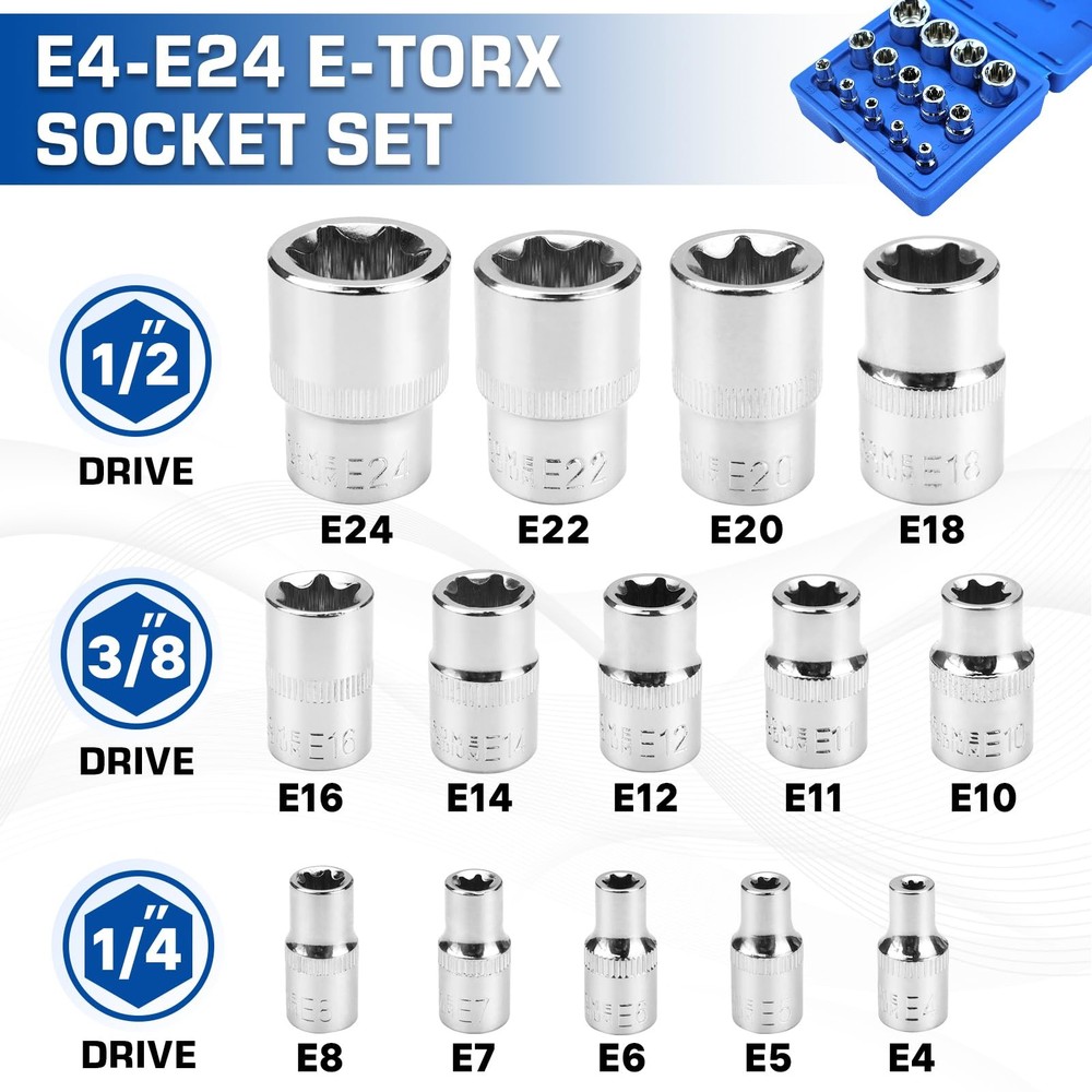 14-Piece Female E-Torx Socket Set, E4-E24 External Star Sockets, 1/4" 3/8" 1/...