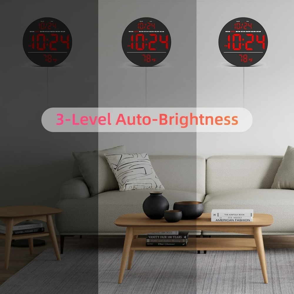 Digital Wall Clock with Large LED Display, Date, Temperature, Auto-Brightness