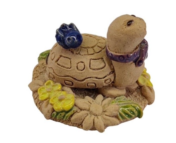 Miniature Clay Smiling Turtle Figurine Partially Glazed