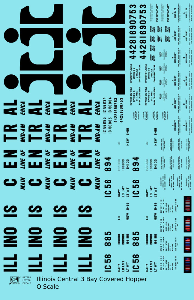 K4 O Scale Decals Illinois Central PS2-CD Covered Hopper Black