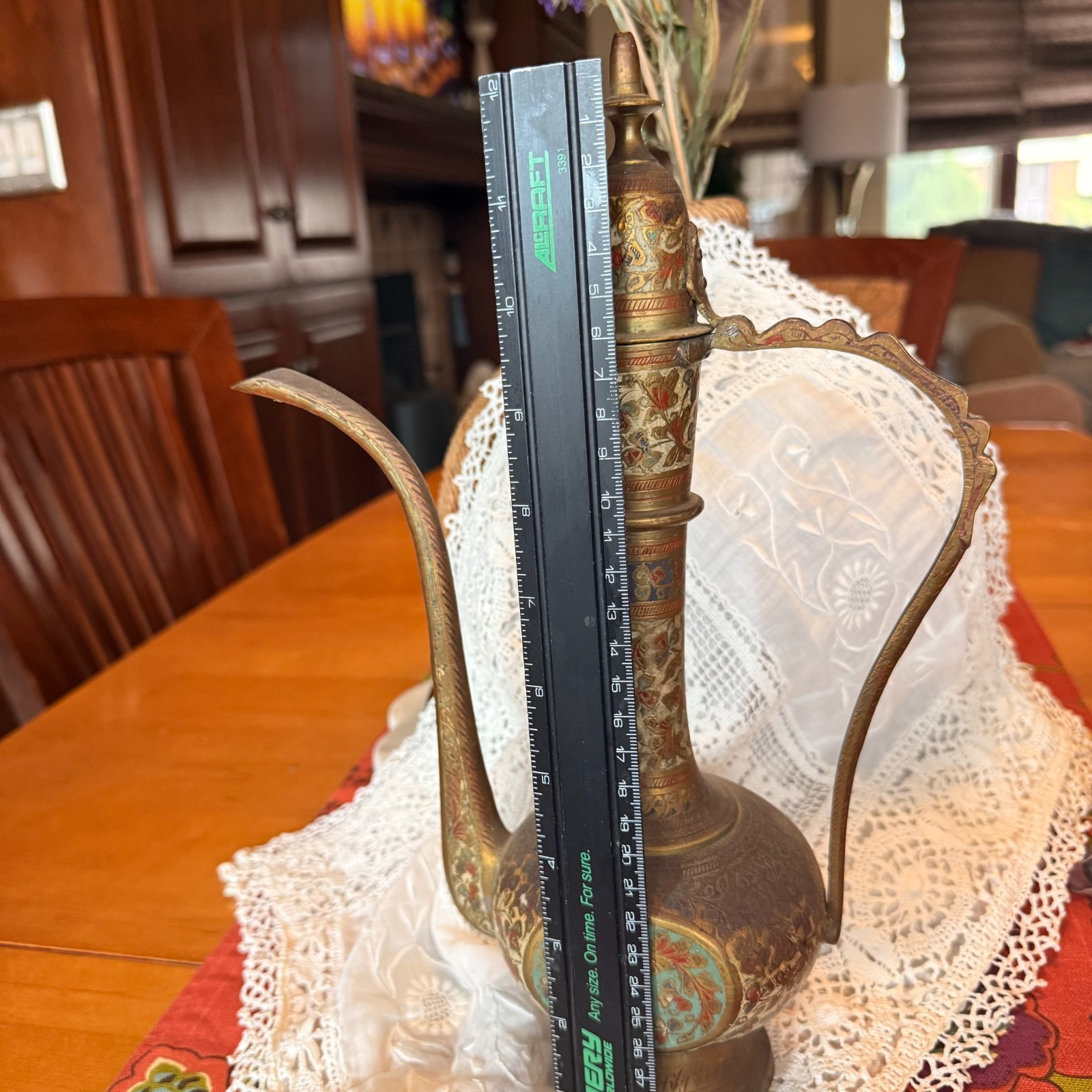 Vintage Etched Brass Oil Decanter Hinged Lid Made in India Water Floral Ornate