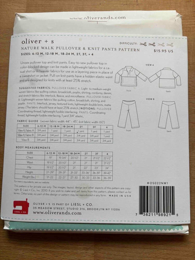 Oliver + S Nature Walk Pullover & Knit Pants Sewing Pattern Uncut 6–24M 2T–4