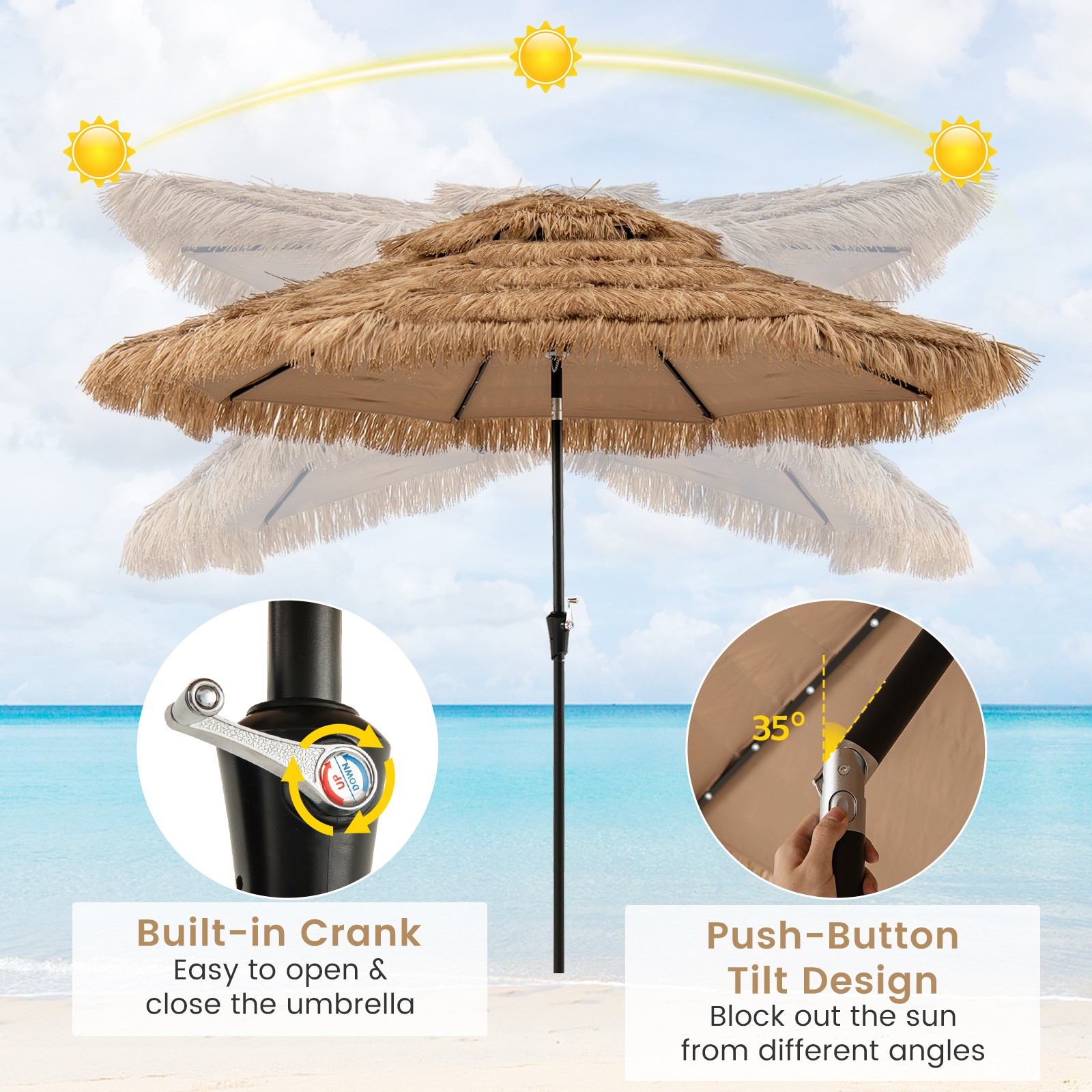 10 ft Solar Lighted Thatched Tiki Patio Umbrella Beach 2 Tier Hawaiian