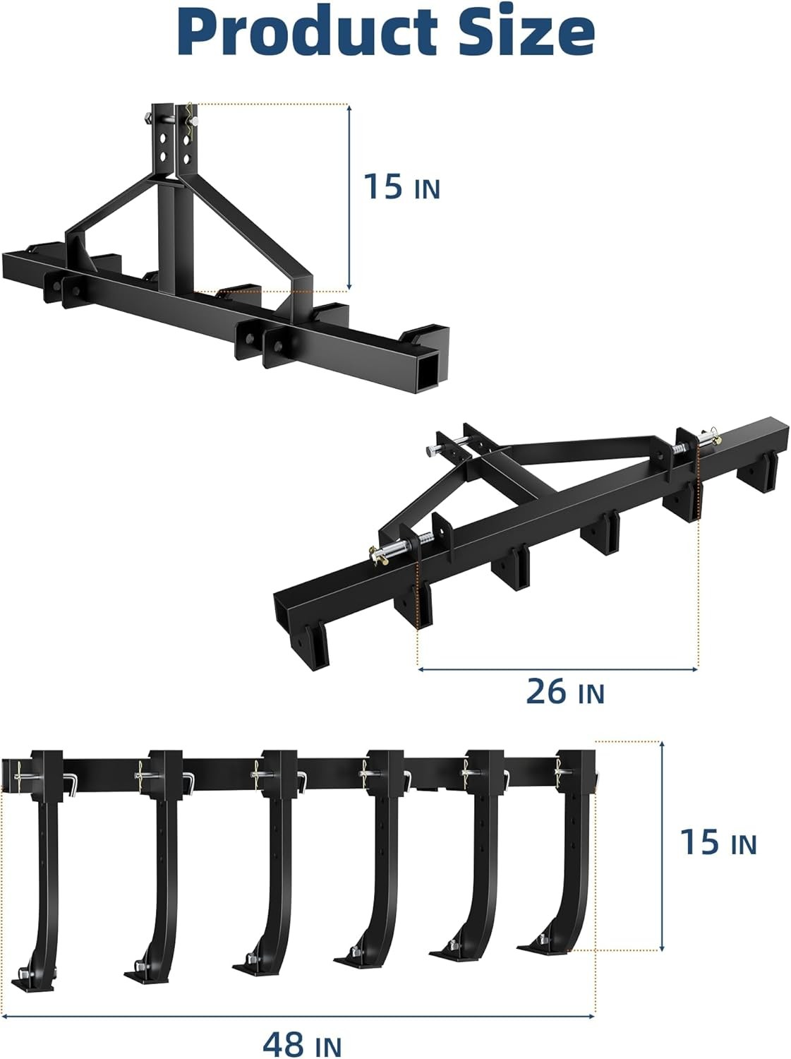48" Multi-Purpose Plow Cultivator, 3 Point w Adjustable Shanks for Lawn Tractors