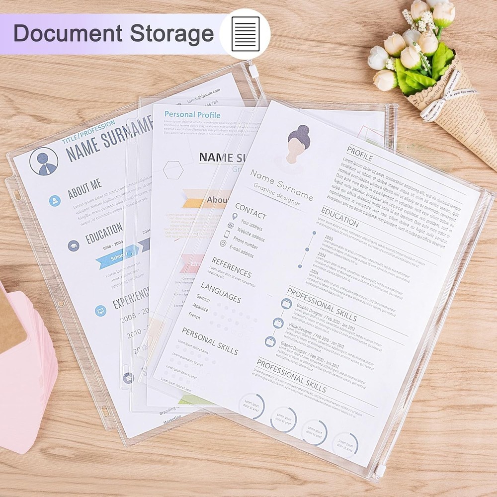 8 Pack Clear Zipper Binder Pockets 3 Ring Letter Size Waterproof Document Pouch