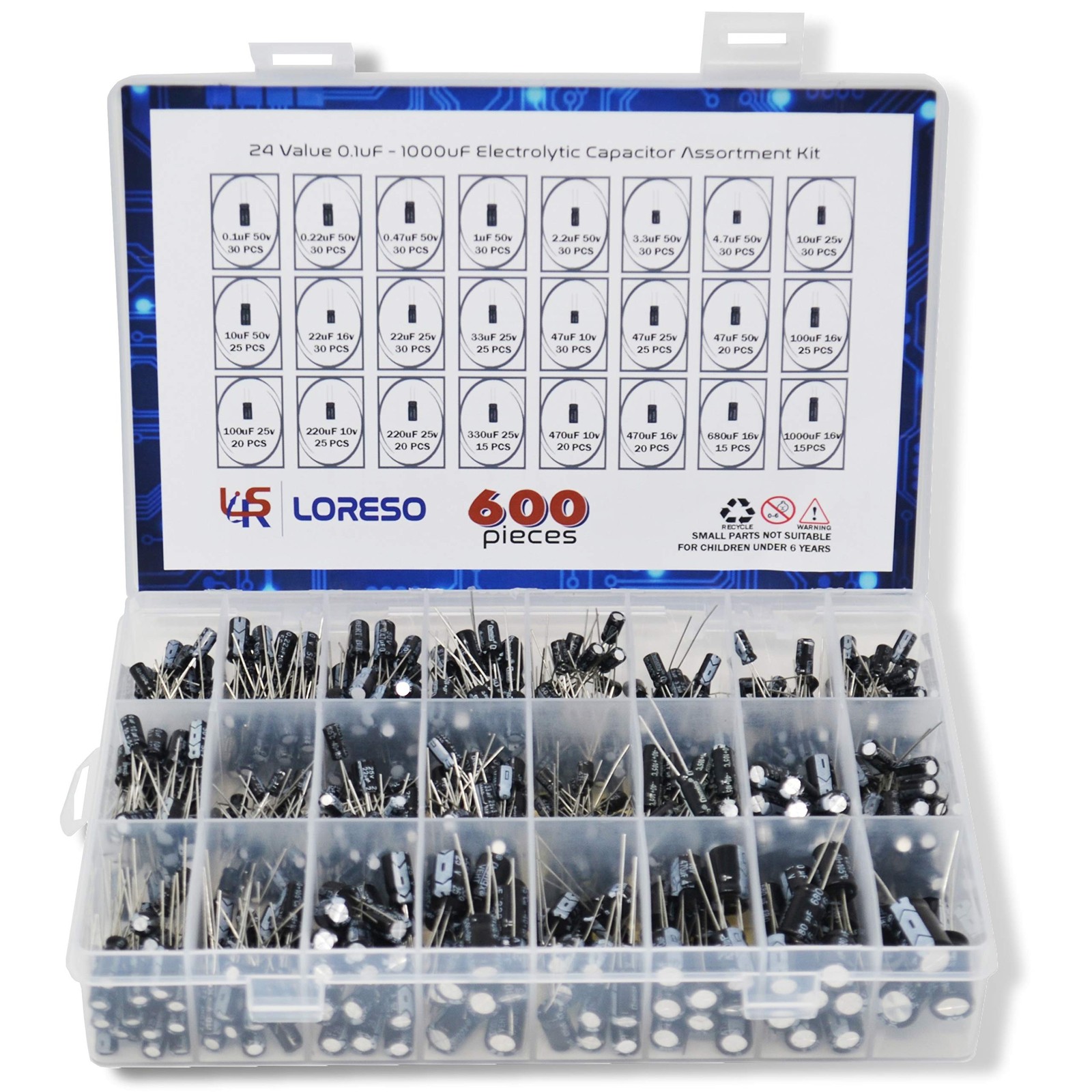 Electrolytic Capacitor Assortment Kit Box by Loreso 600pcs 24 Value Electrol...