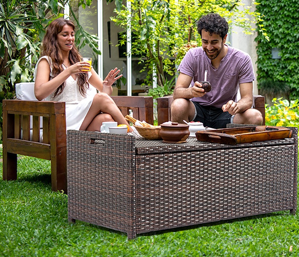 WICKER DECK OUTDOOR STORAGE BOX RATTAN BENCH HAND-WOVEN WITH CUSHION 55 GALLON