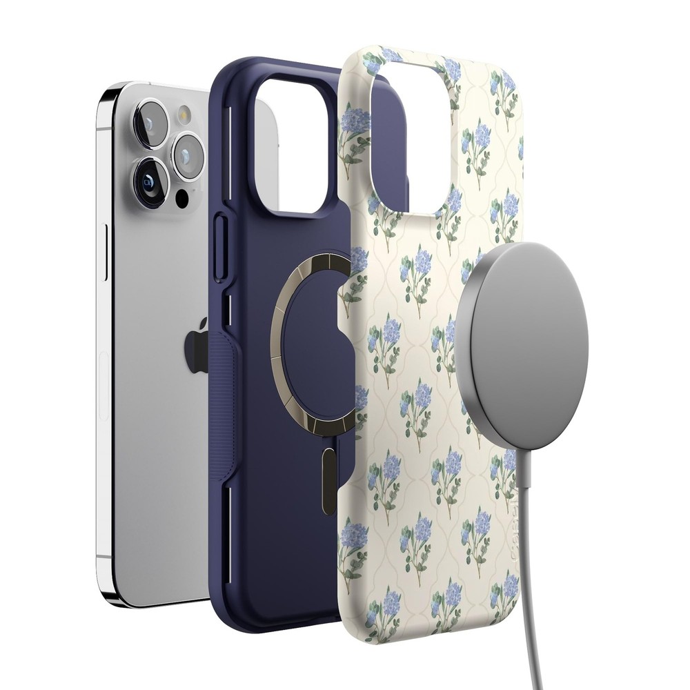 Casely iPhone 13 Pro Case | Vintage Garden | Blue Hydrangea | Bold Protective De